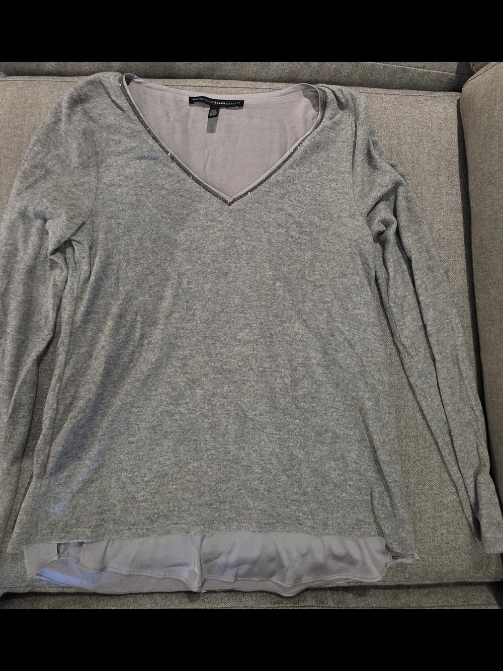 White House Black Market Gray V-Neck Layered-Hem Long Sleeve Top